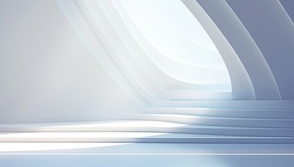 Futuristic white room, curved walls, sunlight, product display