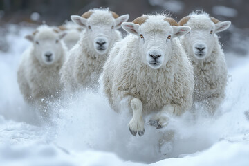 Fototapeta premium A group of sheep are running through the snow