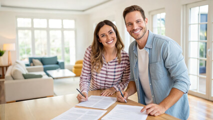 Obraz premium Happy couple signing real estate documents in bright, modern living room, showcasing their excitement for new home