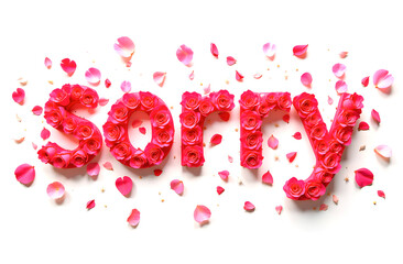 Lettering Sorry in pink rose petals on white background. A message of apology