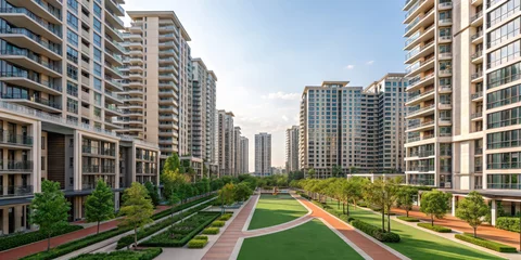Gordijnen Modern urban landscape featuring residential buildings and green spaces, showcasing real, estate development vibrant community © javu