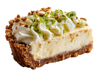 Close-up of a slice of key lime pie. Transparent background.