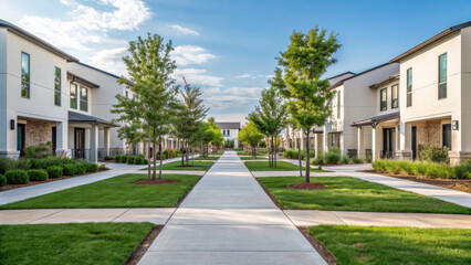 Modern residential complex with landscaped pathways and greenery, showcasing serene atmosphere in real estate