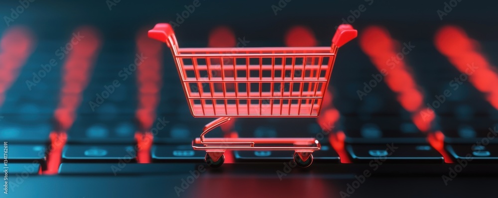 Poster a digital shopping cart is placed on a keyboard, symbolizing online shopping and e-commerce in a mod