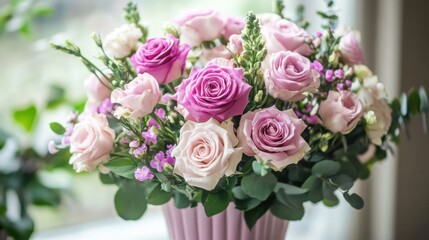 Fototapeta premium Beautiful Arrangement of Pink and White Roses in Elegant Vase