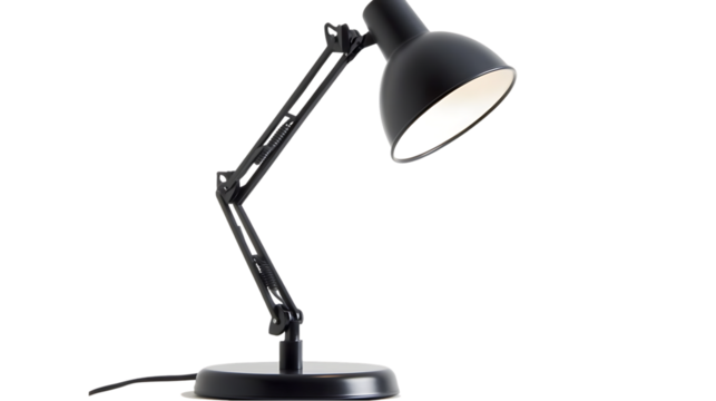 Black adjustable desk lamp provides focused light on surfaces