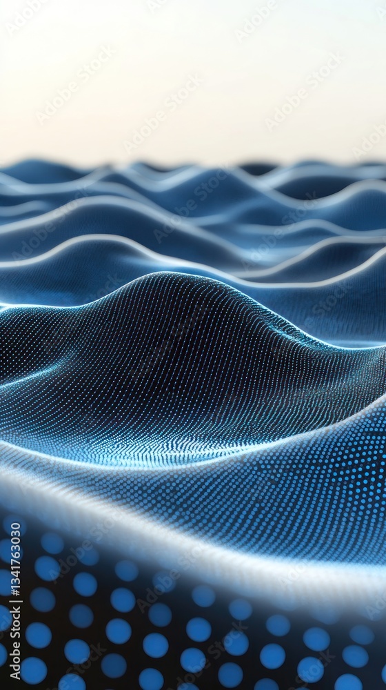 Poster abstract blue waves with dotted patterns, creating a serene digital landscape