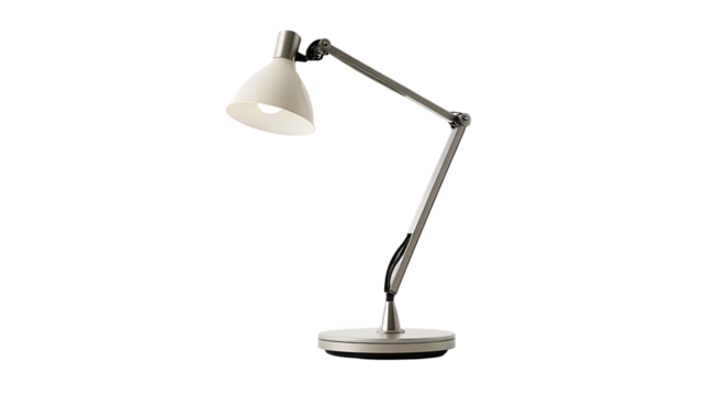 An articulated lamp with white shade stands on a base