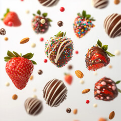 Flying pieces of chocolate covered strawberries with various designs and fillings such as sprinkles, nuts and white chocolate sprinkles. On a white background.