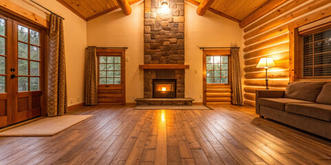 Cozy log cabin interior featuring stone fireplace, wooden beams, and warm lighting, perfect for real estate showcasing