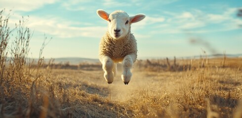 Lamb Leaping in Field Under Sunny Sky