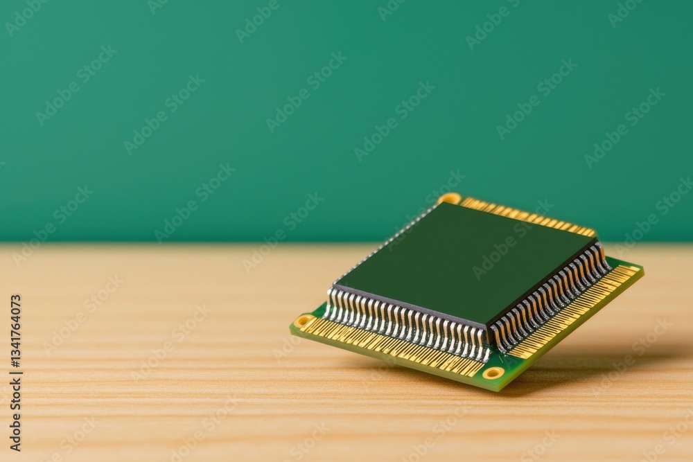 Poster a close-up image of a computer microprocessor on a wooden surface, featuring a green background, hig