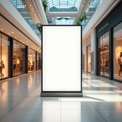 Modern mall with a large blank ad display, clean lines, sharp natural light from glass roofs, warm tones, reflective floor