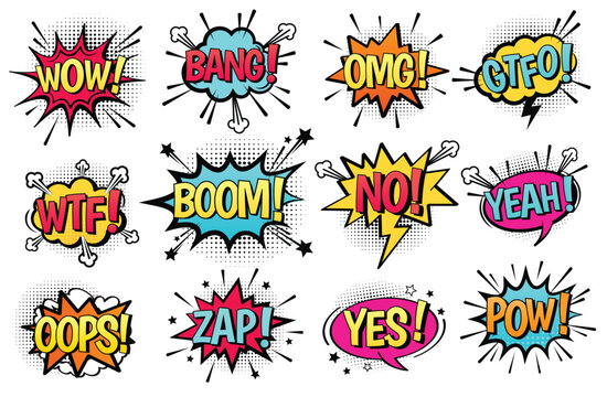 Comic cartoon speech bubble vector set with text: Wow, Bang, Omg, Gtfo, Boom, Yeah, Pow, Zap, Wtf, Yes, No, Oops. Burst stickers, different emotions isolated on white background, halftone black dots
