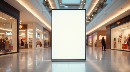 Close-up of a shopping mall with a large blank ad display, sharp minimalist design, warm palette, reflective floor, soft visitor bustle