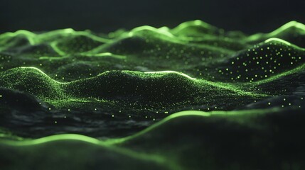 Abstract digital landscape with glowing green hills.  Possible use Background for tech presentations, scientific visualizations, or futuristic design