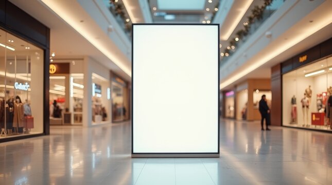 Fototapeta Close-up of a shopping mall with a large blank ad display, sharp minimalist design, warm palette, reflective floor, soft visitor bustle