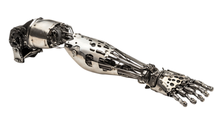 Chrome robotic arm with visible mechanics on black background