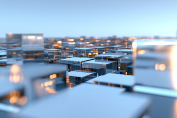 Abstract glass cubes on reflective surface with warm lighting, tech futuristic background