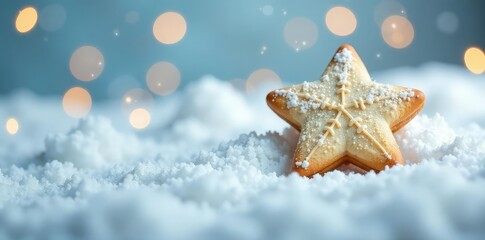 Snowy background with a lone star cookie on it, decorations, white, frosty