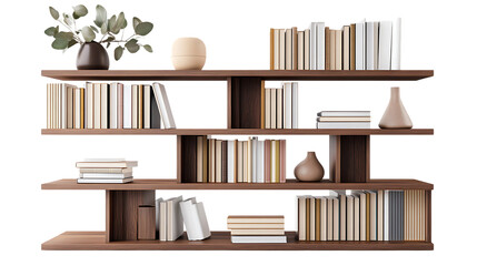 Modern bookshelf displays books vases and decorative items stylishly