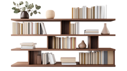 Modern bookshelf displays books vases and decorative items stylishly