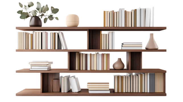Modern bookshelf displays books vases and decorative items stylishly