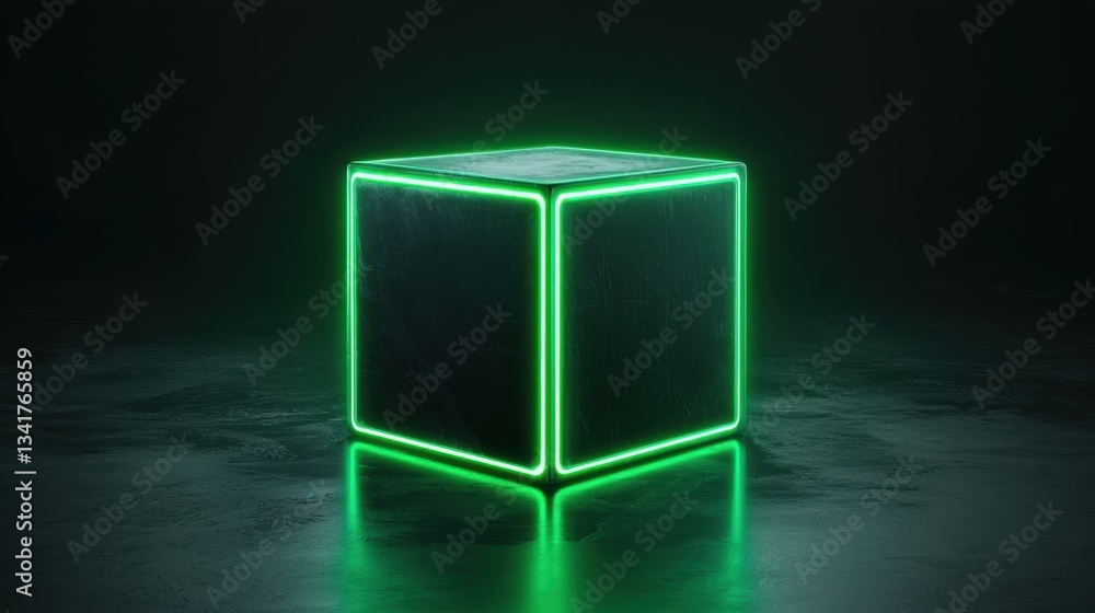 Poster rotating green 3d cube with glowing edges, tech-inspired background loop.