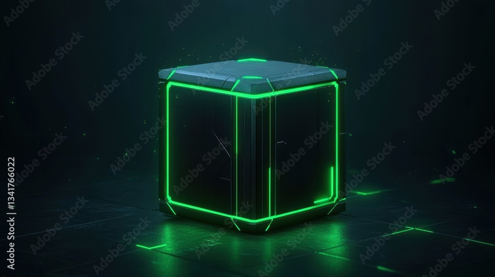 Poster rotating green 3d cube with glowing edges, tech-inspired background loop.