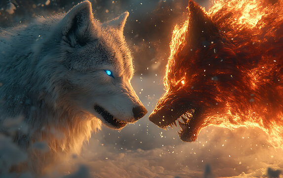 Epic Battle of Cryo and Pyro Wolves in Cinematic Snowy Wilderness  