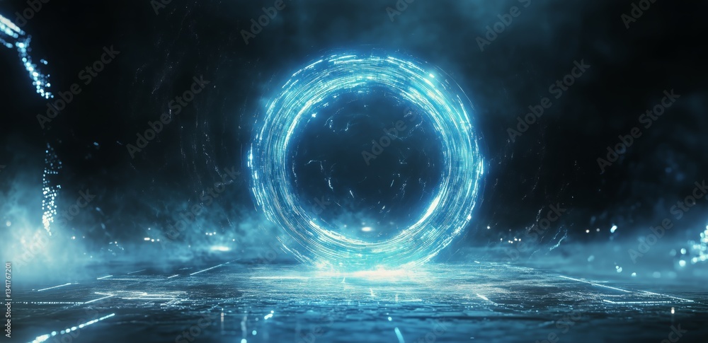 Aufkleber bright blue digital vortex with glowing circular patterns and streaming light effects in dark space