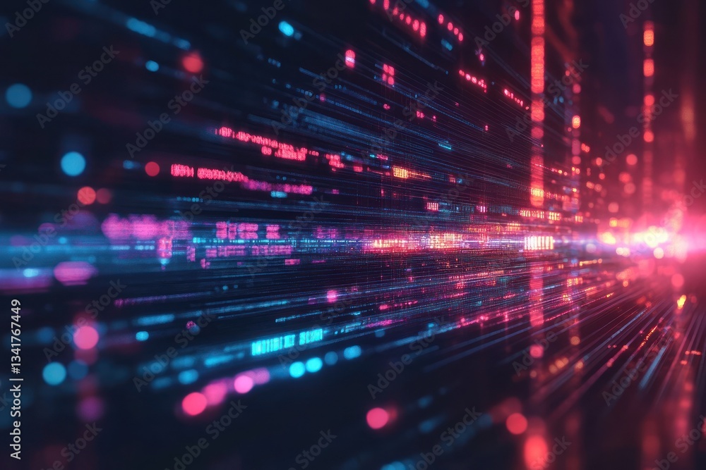 Poster futuristic digital data stream with vibrant colors and glowing lines