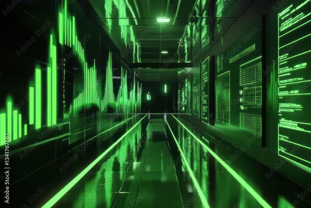 Poster futuristic data corridor with glowing green graphs and digital displays