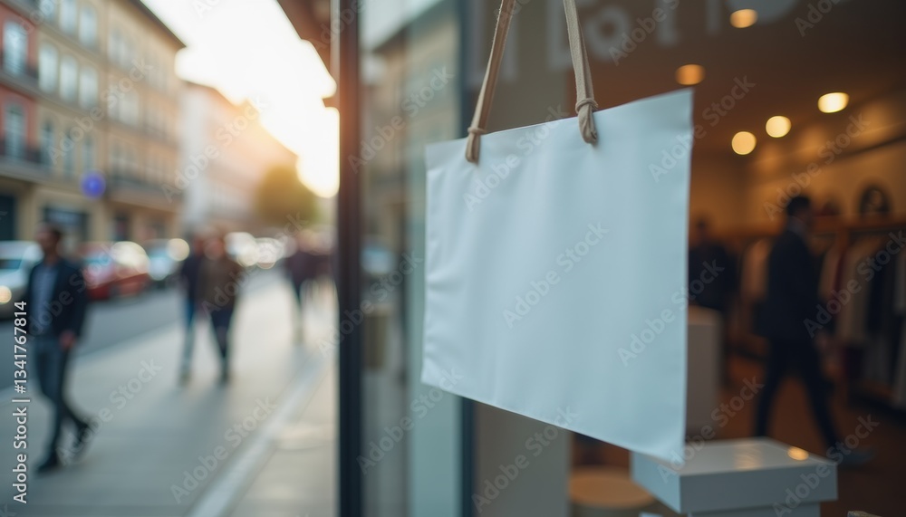 Aufkleber Minimalist retail concept with clean empty sign inside a store window, soft bokeh effect on the busy street behind, creating a modern urban feel with soft daylight and inviting mood with copy space.