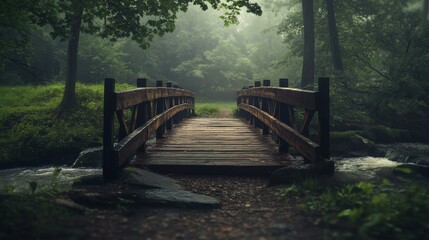 Fototapeta premium Wooden Bridge Crossing a Serene Stream in a Misty Forest Landscape