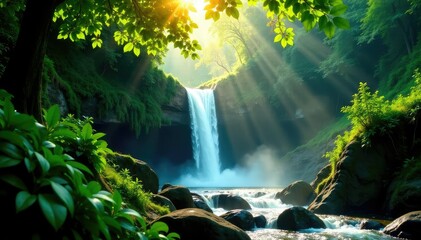 sunlight filters through leaves of dense foliage at the waterfall, nature, jungle, waterfall