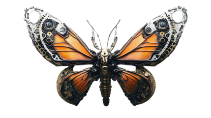 Mechanical butterfly with orange wings and gears is presented