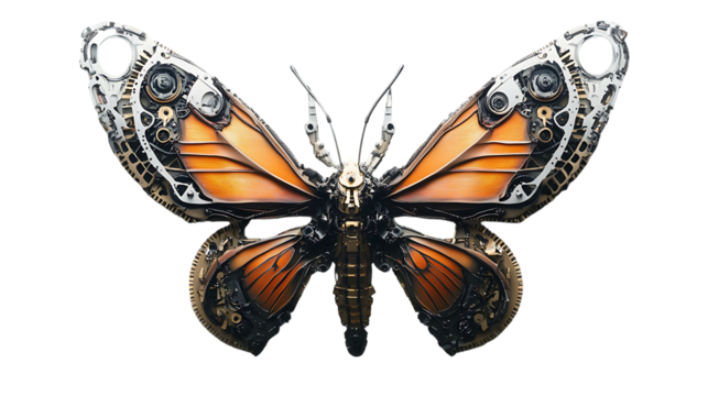 Mechanical butterfly with orange wings and gears is presented