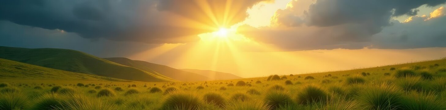 Sunlight piercing through dense clouds above a rolling meadow, golden, pierce, light