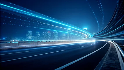Rolgordijnen zonder boren futuristic highway, neon blue light trails, curved road, city skyline, digital network lines, long exposure photography, high-tech, motion blur, nighttime urban landscape, glowing technology © Pujan