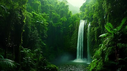 Lush jungle with vibrant waterfall and ferns images
