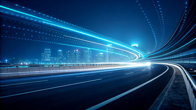 futuristic highway, neon blue light trails, curved road, city skyline, digital network lines, long exposure photography, high-tech, motion blur, nighttime urban landscape, glowing technology