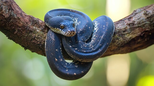 Magnificent coiled python basking on a branch with smooth natural bokeh background