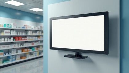 Blank electronic queue display in modern pharmacy interior