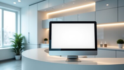 Fototapeta premium Blank monitor on reception desk in modern dental clinic interior