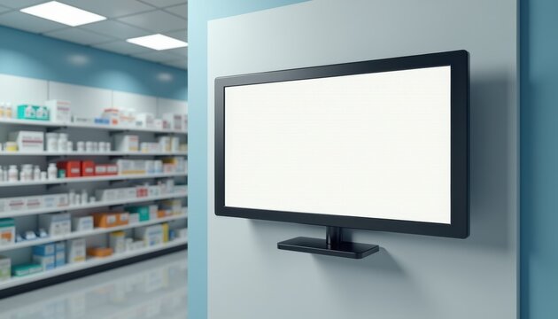 Blank electronic queue display in modern pharmacy interior