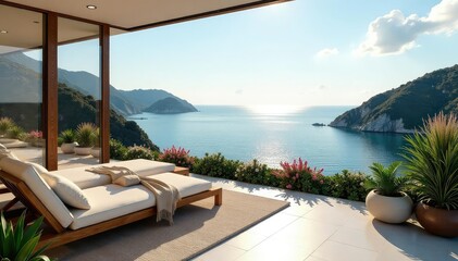 Fototapeta premium Terraza con vistas al mar desde la azotea alta, vistas panor?micas, decoraci?n exterior, paisajes