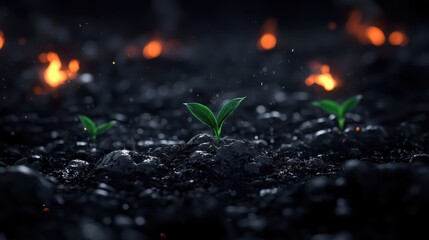 Tiny plants sprouting amidst charred ground, symbolizing rebirth after devastation.