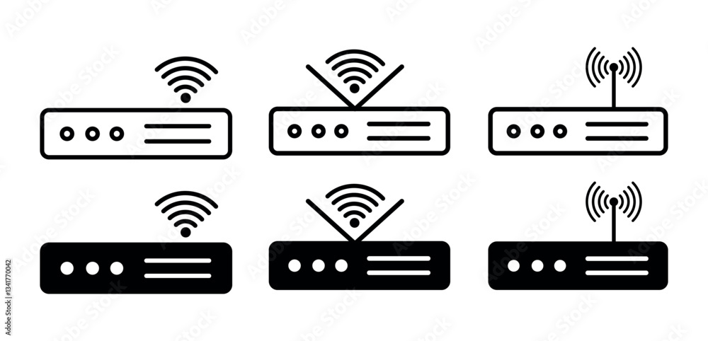 Aufkleber router and modem icon set. router and modem symbol set featuring wireless antennas with net signal p
