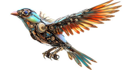 A beautiful mechanical bird with steampunk aesthetic and colorful wings